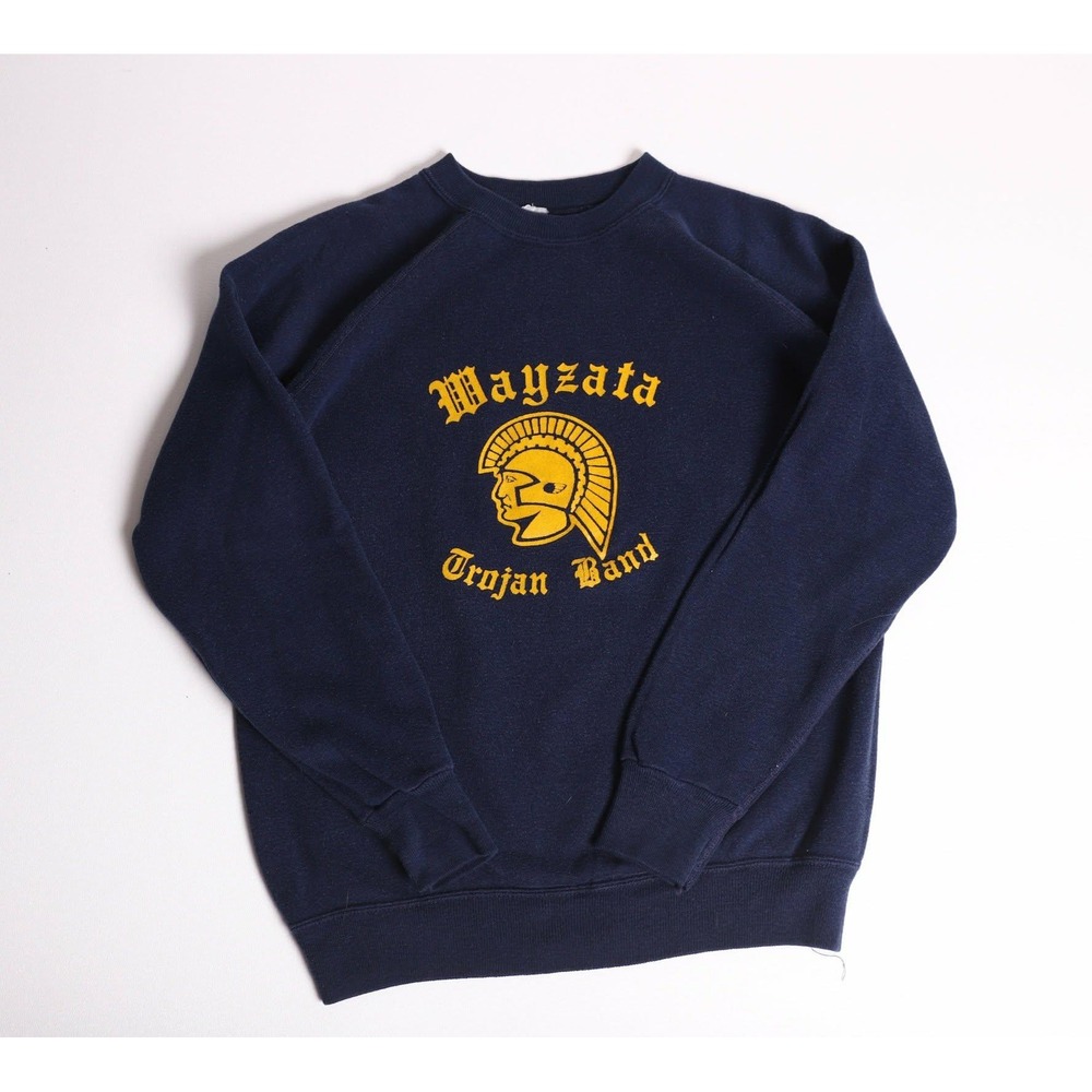 Vintage 70s Artcraft Wayzata Trojan Band Sweatshirt Navy Blue Raglan Medium